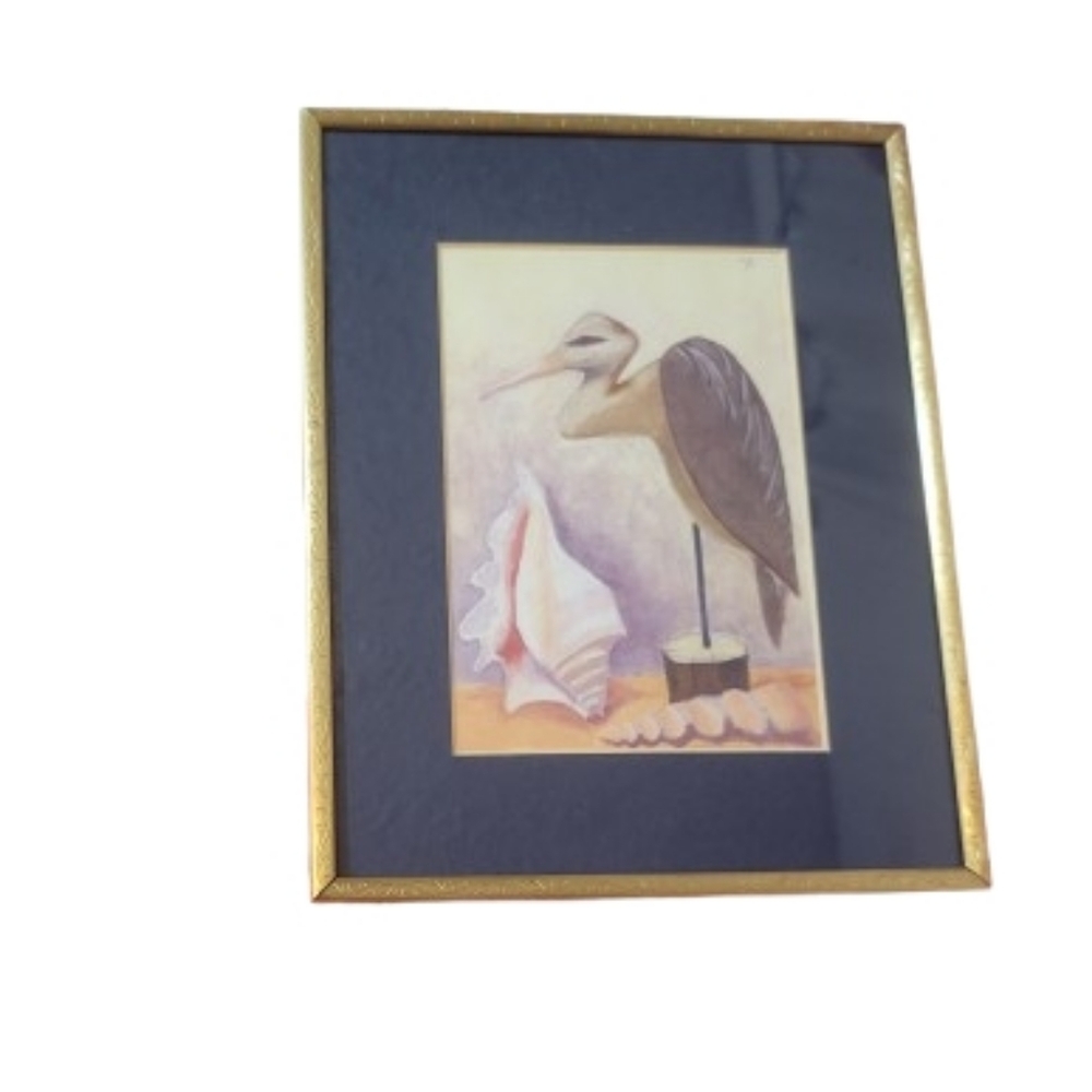 WILMA ANN JOHNSON WOODEN BIRD WITH SHELLS Framed Bird Shell Art